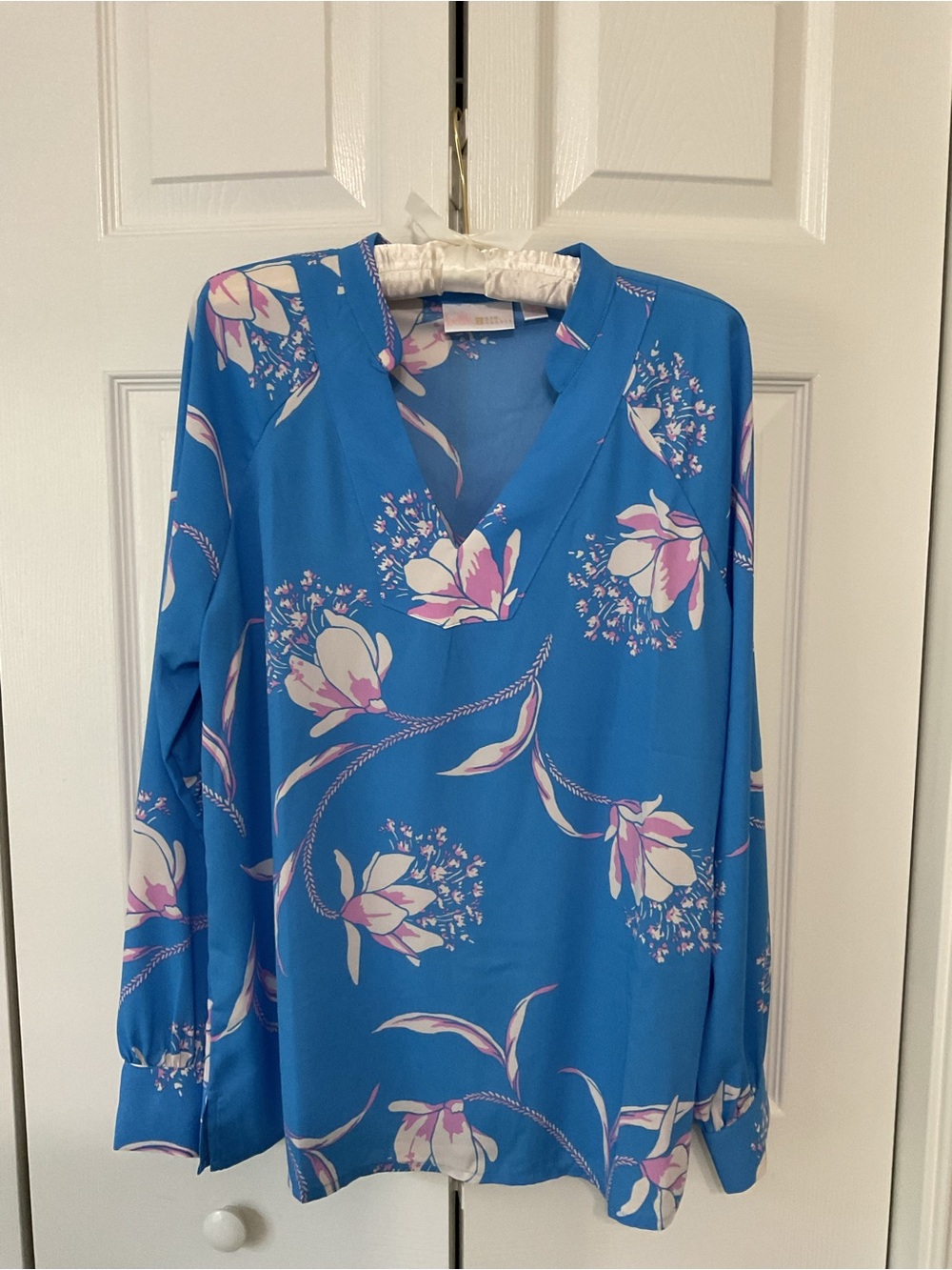 Kim Gravel Blue and Pink Floral V-Neck Long-Sleeve Women's Top